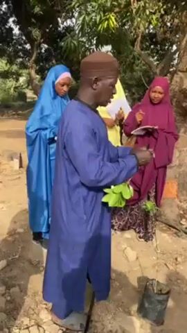In an outdoor setting, a man is instructing three women about a young tree. The man, dressed in a blue robe and a brown cap, holds a cluster of leaves in his hands and points at the tree. The women, all wearing hijabs, appear to be taking notes. The woman on the left is wearing a blue hijab, the woman in the middle wears a yellow hijab, and the woman on the right wears a purple hijab. The tree is still in a black plastic bag and is surrounded by loose soil. There is a large tree in the background.