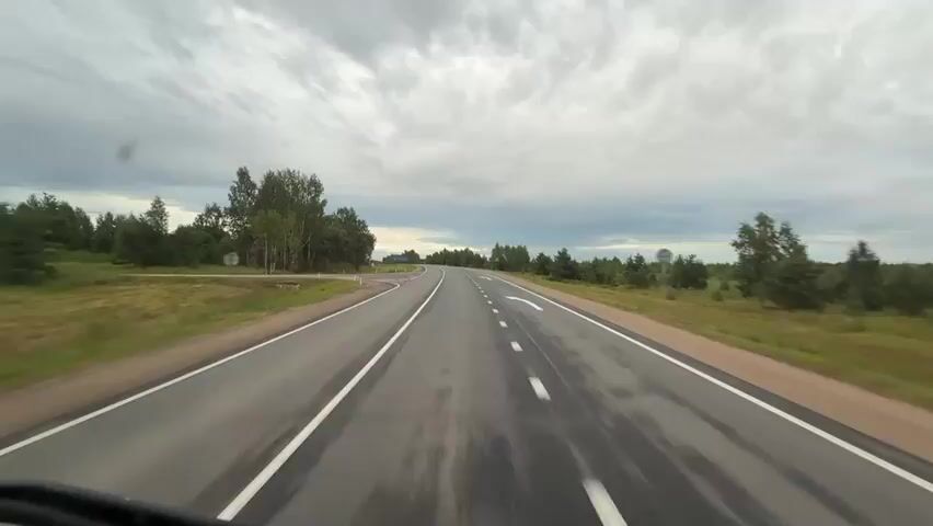 The video shows a view from a vehicle driving on a wet asphalt road. The road has white lane markings and a white arrow indicating a turn. The surrounding environment consists of trees and grass. The sky is cloudy and gray. There are two blue road signs visible, one with Cyrillic text and an arrow pointing left, and another with a blue arch symbol. The overall impression is that of a highway drive through a rural, wooded area under overcast skies.