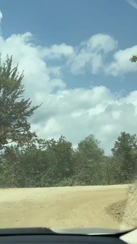 The video begins with a view from inside a vehicle looking out at a dirt road winding through trees and under a partly cloudy blue sky. The camera then pans down to the interior of the car, showing the dashboard and sun visor. Finally, the camera shifts to capture the exterior scene again, focusing on a steep, rocky embankment with sparse dry grass growing on it. The embankment appears to be made of layered rock and soil. The lighting suggests it is daytime, likely sunny. There are no people or distinct objects visible besides the natural environment and the implied vehicle.