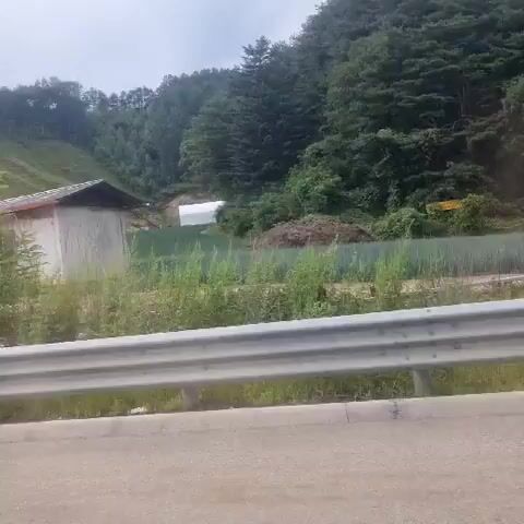 The video pans across a rural roadside scene. In the foreground, a metal guardrail runs horizontally. Beyond the guardrail, there is a road surface and then a grassy verge. To the left, a small, rustic building with a corrugated metal roof stands amongst trees. In the middle ground, a white sign with Korean text and a speed limit of 60 is propped up on a metal stand. The text on the sign reads "공사중" (meaning construction) and "속도를 줄이시오" (meaning slow down). Beyond the sign, there are fields with green crops and more trees. In the background, a densely wooded hillside rises, with a cloudy sky overhead. The camera appears to be moving, possibly from a vehicle, as the perspective shifts slightly throughout the clip.