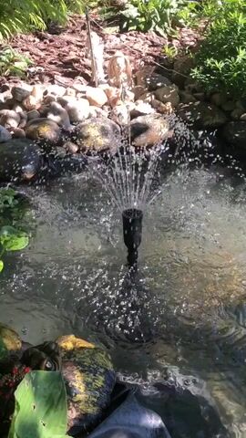 A small black water fountain is submerged in a pond, spraying water upwards and outwards. The pond is surrounded by rocks and lush green plants. The water is clear and reflects the sunlight. In the background, a small statue is visible among the rocks. The scene is tranquil and appears to be a garden setting.