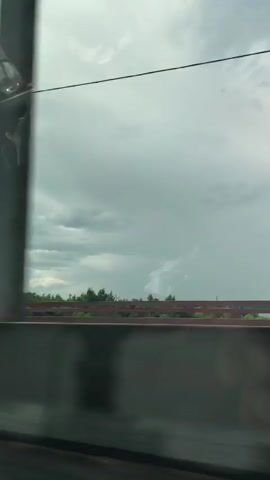 The video shows a view from a moving vehicle, likely a car, traveling over a bridge. The perspective is through a window, with reflections visible on the glass, including what appears to be a person's face in the upper left corner of the first frame. Structural elements of the bridge, such as metal beams and a red railing, are prominent in the foreground and mid-ground. Beyond the bridge, a line of trees and greenery is visible against a cloudy sky. The overall impression is one of transit and a somewhat overcast day. The motion blur indicates the vehicle is in motion.