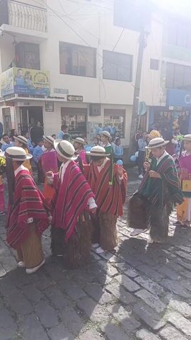 A group of children, dressed in what appears to be traditional Andean clothing, walk down a street paved with cobblestones. The children are wearing hats, striped ponchos, and furry leggings. Other individuals in colorful traditional clothing are also present. In the background are buildings with signs and advertising. The scene seems festive, possibly a cultural parade or celebration.