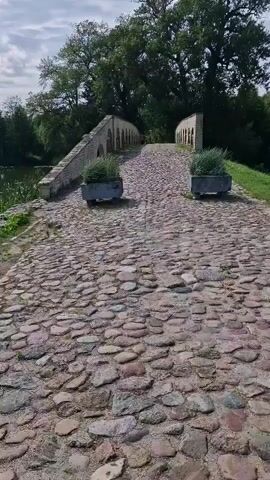The video shows a cobblestone bridge with stone archways on either side. Two planters with green grass are placed on the bridge. The bridge is surrounded by trees and greenery. The sky is cloudy. The camera is moving forward, giving a first-person perspective of walking across the bridge.