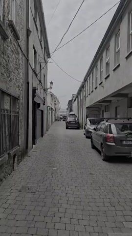 The video captures a narrow cobblestone alleyway in Kilkenny, Ireland. The scene is devoid of people. Several cars are parked along both sides of the alley, suggesting it's a street or a service access point. The architecture of the buildings flanking the alley is traditional, with stone and painted facades. Overhead wires crisscross the sky, indicating an urban environment. The weather appears overcast, casting a muted light on the scene, typical of a cloudy day. The time of day is not explicitly discernible, but the lighting suggests it is daytime. The overall mood is one of quietude and everyday urban life, with no particular event or activity prominently displayed. The license plate on the car in the foreground shows "13D-42252," indicating it is likely an Irish vehicle. There is also some faint, illegible graffiti on the left-side building.