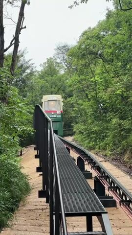 A view from a platform looking up a steep incline with train tracks. A small green and cream colored train is stopped on the tracks, facing the camera. The train has windows and appears to be a funicular. Dense green foliage lines the sides of the tracks. The sky is overcast.