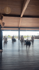 Dance instructor demonstrates moves to seated group in Mengwi