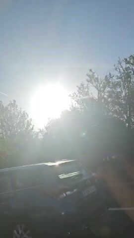 The video shows a view from inside a vehicle, looking out at trees and the sky. The sun is visible, creating lens flare and bright light that obscures some details. A car is partially visible in the foreground, and the road is also visible. The trees are green and leafy, and the sky is blue. The video appears to be shot while the vehicle is in motion.