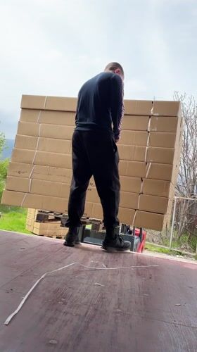 Workers load shipping containers with boxes in Bulgarian industrial facility