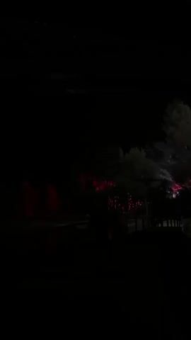 The scene is shot at night, with a low light level making details hard to see. There is a dark foreground with a wooden fence or railing. Beyond the fence, there is a cluster of trees with red and white lights illuminating them. The lights seem to be focused and moving, possibly spotlights. Two streetlights are visible in the background, providing some additional illumination. A large black object moves across the frame on the right, obscuring some of the background. There is indistinct conversation audible in the background.
