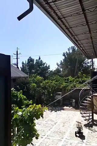 The video shows a courtyard with a paved floor and a spiral staircase on the right. Greenery, including trees and vines, surrounds the courtyard. A metal roof with a gutter is visible in the foreground. The sky is clear and blue. A small, dark object, possibly a piece of equipment, is placed on the paved area near the staircase. There are no people visible in the video. The camera appears to be positioned under a roofed area, looking out into the courtyard.