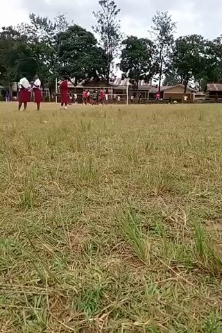 The video depicts a group of people playing volleyball on a grassy field. There's a volleyball net in the center of the field, and several people are visible on both sides, dressed in what appears to be sports attire or school uniforms. Some individuals are wearing maroon uniforms with white accents. The field is grassy with patches of dry grass. In the background, there are buildings and trees, suggesting a school or community recreational area. The sky appears overcast, indicating a cloudy day. The camera seems to be positioned low to the ground, offering a worm's-eye view of the scene. One person on the left side of the frame seems to be looking away from the volleyball game and possibly talking on a phone or something held to their ear.