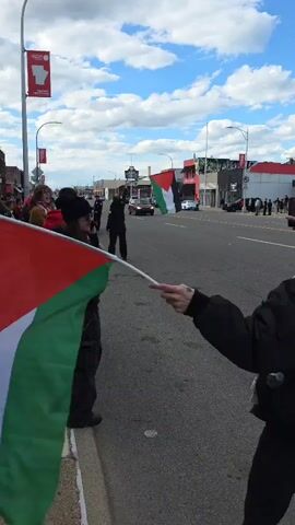 The video depicts a group of people standing near a street, holding Palestinian flags. The flags are red, white, green, and black. One person holds a sign. Some people are standing on the sidewalk behind a barrier. Cars pass by on the street. In the background are buildings under a partly cloudy sky. A red and white banner hangs from a light pole.