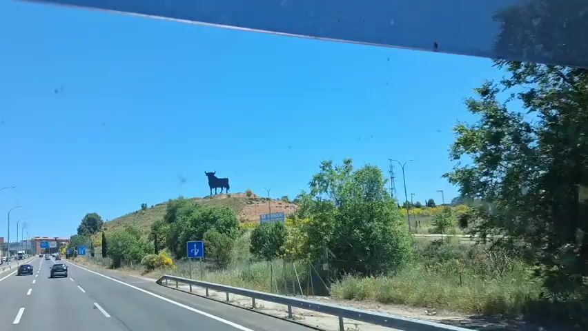 From the perspective of a vehicle traveling on a highway, a large, black silhouette of a bull stands atop a small, grassy hill. The sky is clear and blue. The highway has multiple lanes with other vehicles traveling on it. Street lights and power lines are visible in the background. Trees and shrubs are also present on and around the hill. A highway sign can also be seen by the side of the road.