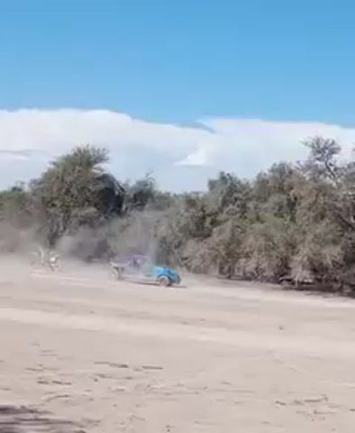 The video shows a dirt road through a desert landscape. A light blue dune buggy speeds along the road, kicking up a cloud of dust. A person on a yellow motorcycle follows the buggy. The landscape is flat, sandy, and dotted with sparse, grey-green trees and shrubs. The sky is blue with scattered white clouds. The sun is shining.