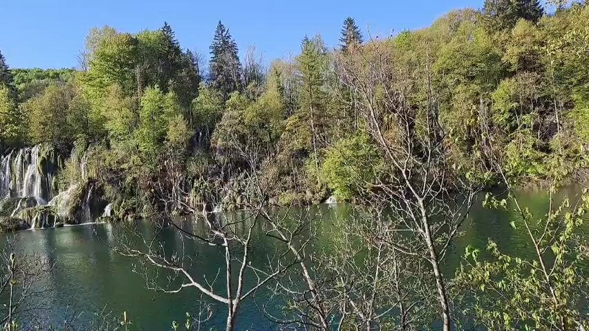 The video shows a landscape of a lake surrounded by trees and a waterfall. The lake appears calm, with reflections of the sky and surrounding greenery on its surface. The waterfall cascades down a rocky cliff, partially hidden by dense vegetation. Trees with varying shades of green fill the surrounding area. Some trees in the foreground have bare branches. The sky is a clear blue. The scene appears to be taken during daylight.