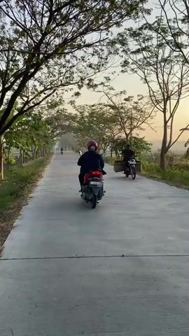 The video begins with a shot of a road lined with trees. A person on a scooter rides away from the camera. In the next shot, another scooter passes by the person. The third shot shows the person on the scooter from behind again. The fourth and fifth shots offer a view from the perspective of a scooter's side mirror, looking out at the road and the surrounding landscape, with the sun setting in the background. The environment appears to be rural, with trees and vegetation along the road. The lighting suggests it is either sunrise or sunset.