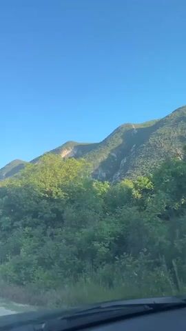 The video captures a scenic view from inside a moving vehicle, likely a car, in Glavatsi, Bulgaria. The camera is positioned to look out through the front windshield, with a portion of the car's dashboard and the base of the windshield visible at the bottom of the frame. The scene is dominated by a clear, bright blue sky above and lush green vegetation below.

Tall, green-covered mountains rise in the background, appearing to be part of a natural landscape. The foreground and mid-ground are filled with dense, varied green trees and bushes, suggesting a forested or heavily vegetated area. Patches of green grass are also visible along the roadside. The sunlight illuminates the landscape, indicating a clear, sunny day. The perspective shifts slightly as the vehicle moves, revealing more of the mountainous terrain and the continuous stretch of greenery. No people or animals are visible, and there is no discernible text within the video frame. The overall impression is one of driving through a peaceful, natural environment.