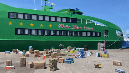 Ferry docks with cargo and passengers in Vietnam
