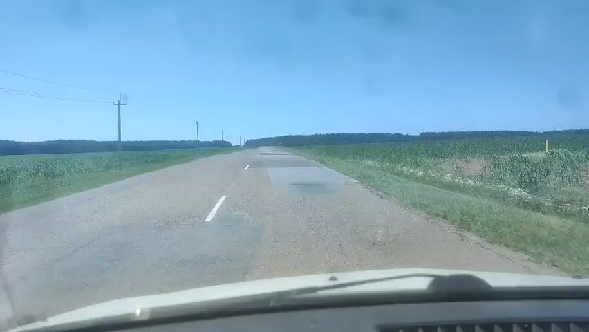The video shows a first-person view from a vehicle driving on a paved road. The road has some patching and appears to be in disrepair in places, with visible cracks and uneven surfaces. White lines are present on the road to delineate lanes, though they are faded in some areas. The vehicle is driving through a rural landscape, with agricultural fields on either side of the road. The fields appear to be planted with a crop, likely corn, and are a vibrant green. Utility poles and wires are visible along the side of the road, indicating the presence of infrastructure. The sky is clear and blue, suggesting a sunny day. The overall impression is of a journey through a rural area under a bright, clear sky.