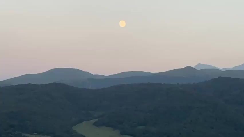 The video shows a panoramic view of rolling, forested hills under a pale sky. A full moon, appearing as a bright yellow circle, is visible high in the sky. The foreground hills are dark green and densely wooded, while the distant hills fade into softer shades of blue and gray. The lighting suggests either dawn or dusk. There are no people or man-made objects clearly visible in the frame, only the natural landscape.