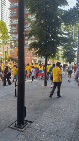 Colombian soccer fans march through downtown Vancouver