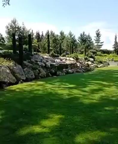 The video shows a panoramic view of a well-maintained garden. In the foreground is a lush green lawn with shadows cast by trees. In the middle ground, there is a rock garden with various plants and trees, including cypress trees and pine trees. In the background, there is a clear blue sky with some clouds. The overall impression is one of tranquility and natural beauty.