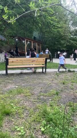 The video pans across an outdoor scene with people present. In the foreground, there are two park benches. One bench is empty and faces to the left, while another bench faces the right and has people sitting on it. A young boy in a light blue t-shirt and gray pants walks past the empty bench towards the right. In the background, a group of people are gathered under a wooden shelter with a roof, some appearing to be sitting and others standing. Further in the background, more people are visible, with some children playing. The environment is lush and green with trees and foliage surrounding the area. The video then shifts to focus on a flowing stream with water cascading over rocks, with trees and branches overhanging the water.