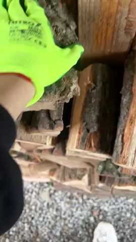 A person wearing black pants and white shoes walks around a circular area paved with small, grey stones. The person walks towards a stack of logs, pauses and places a bright green work glove with black lettering on top of the stack.