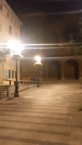The camera pans left, revealing a quiet street scene at night. Two lampposts illuminate the paved ground, which is decorated with potted plants. In the background, there's a building with multiple windows, and beyond it, a larger, darker structure with arched entrances. The sky is dark, indicating nighttime.