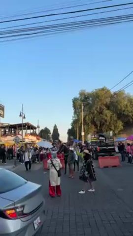 The video shows a street scene filled with people.  A gray car is parked on the left. In the middle of the street, a group of people dressed in colorful clothing, including bright green and red, appear to be celebrating, possibly dancing, as music plays loudly.  Behind them, a horse and carriage move through the crowd. On either side of the street, vendors have set up stalls. The sky is blue and clear. Overhead electrical wires cross the frame. The ground is paved with interlocking bricks.