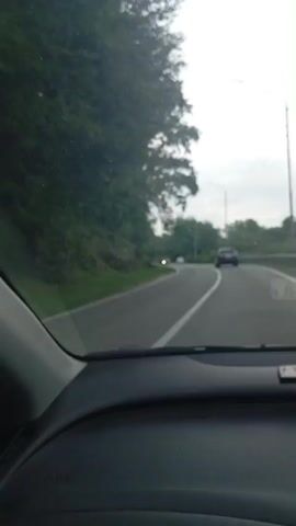 The video is a first-person perspective of someone driving on a paved road. The road is surrounded by lush green trees and foliage on the left side. The road curves to the right. There are several cars visible on the road, including a dark SUV in front, a lighter-colored car further ahead, and a silver car passing in the opposite direction. The sky is overcast and grey. The interior of the vehicle is partially visible in the foreground, including the dashboard and windshield. There are streetlights visible along the side of the road.