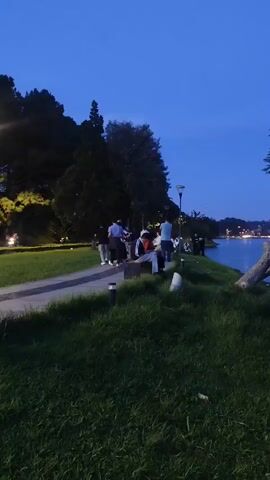 A video shows a group of people gathered near a body of water at dusk. The sky is a deep blue, and trees are visible on the left side of the frame. Several people are standing and sitting on a bench along a paved walkway. A calm body of water stretches across the right side of the image, with lights visible in the distance. Some of the people are facing each other, engaged in conversation. The overall atmosphere appears relaxed and social.
