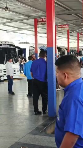The video shows a bus terminal or station. There are several people in the area, including men in blue shirts who appear to be employees, as well as passengers with luggage. There are also several white buses parked under the shelter. Signs indicate destinations such as "San Felix" and "Terminal de Valencia."  A cleaning cart is visible on the floor. People are walking around, some are interacting with each other, and some are getting on the buses. The terminal has a metal roof supported by red, white, and blue pillars. The scene appears to be busy, and the overall atmosphere is one of transit and movement.