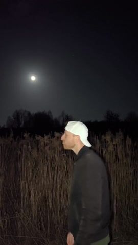 A man wearing a black jacket and a white baseball cap is standing in front of tall reeds under the light of a full moon. He bends backwards to look up at the moon, straightens up, and then turns and runs away from the camera into the reeds. The background includes trees silhouetted against the dark sky.