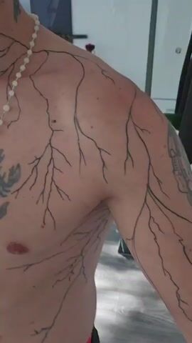 The video shows a close-up view of a shirtless man's chest and shoulder. He has several tattoos, including a scorpion with scales on his chest, and a branching, tree-like design that extends across his chest and up his shoulder and arm. He is also wearing a white beaded necklace with a white cross pendant. The background is out of focus but appears to be an indoor setting with some greenery visible. The man is looking slightly downwards and to the side.