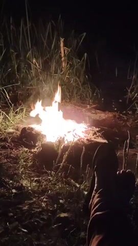 The video shows a close-up, low-angle shot of a campfire at night. The fire is burning brightly with flames reaching upwards, casting an orange glow on the surrounding environment. In the foreground, a person's feet, clad in dark pants and shoes, are visible, suggesting they are sitting or lying down near the fire. The background is dark, with tall grasses and some dry vegetation visible. The overall atmosphere is one of a peaceful, natural setting, likely outdoors.