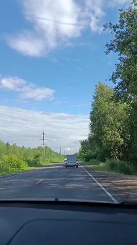 The video captures a car's perspective from the driver's seat, showing a drive down a paved road in a rural area, likely in Тополиный, Russia. The road is lined with lush green trees and vegetation on both sides, with tall utility poles visible along the left side of the road. The sky is a vibrant blue, dotted with fluffy white clouds, suggesting fair weather.

Several vehicles are on the road ahead. A white car and a trailer are in front, followed by a white van. Further ahead, another car is visible. The time of day appears to be daytime, possibly late morning or early afternoon, given the bright sunlight and clear skies. The overall mood is peaceful and suggests a leisurely drive through the countryside. No text is visible in the video.