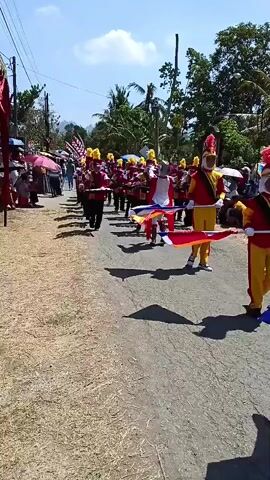 A marching band is parading down a paved road. The band members are wearing matching red and yellow uniforms with tall yellow hats. Some are carrying drums, while others are holding flags or batons. A few individuals in the front are wearing white and red capes. Spectators are lined up on the left side of the road, some holding umbrellas. The scene is outdoors, under a bright, sunny sky, with trees and houses visible in the background.