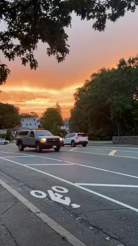 A video captures a street scene at sunset. The sky is ablaze with orange and yellow hues, casting a warm glow over the environment. In the foreground, a street is visible with white lane markings and a bicycle symbol painted on the road, indicating a bike lane. Several cars are driving on the street, including a grey pickup truck with an extended cab, a light-colored sedan, and a dark-colored SUV. On the left side of the street, there are buildings and trees. The trees on the right side of the frame are lush and green, framing the sunset. The camera is positioned at a low angle, looking across the street. The overall impression is a serene evening scene with traffic flowing under a dramatic sky.