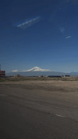 Mount Ararat view captured from vehicle in Proshyan, Armenia