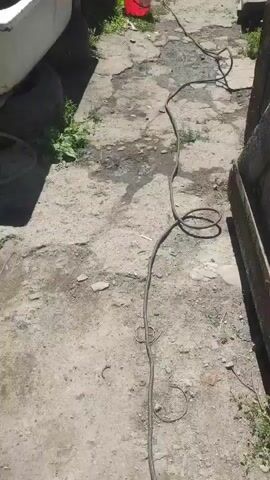 The video pans across a rough concrete pathway littered with debris. On the left side, a white bathtub sits near a cylindrical object. A red bucket is visible further down the path. A black electrical cord snakes across the ground. In the background, a wooden fence encloses a yard with trees and various objects, including a tree stump and what appears to be construction materials. The scene suggests an outdoor, possibly rural or workshop environment.