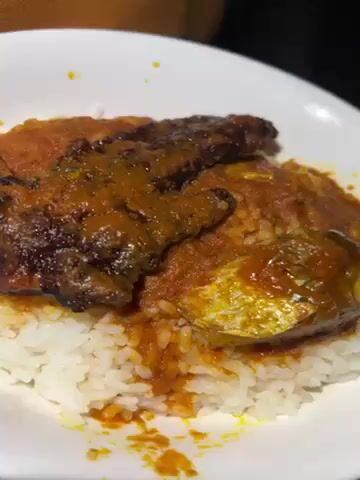 Here's a description of the video:

The video shows a plate of food consisting of white rice topped with fish covered in a reddish-orange sauce. The fish appears to be fried or grilled, with some parts looking darker than others due to the cooking process and sauce coverage. The plate is white and the background is mostly dark, with glimpses of what appears to be a person's clothing at the top of the frame. A utensil, possibly a fork, is briefly visible.