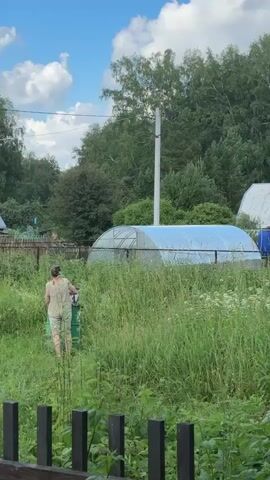A person wearing a light-colored outfit is seen from behind operating a lawnmower in a field of tall grass. Behind them, a greenhouse with a blue-tinted cover stands in the middle ground. Trees and a utility pole are visible in the background, under a sky with scattered clouds. A wooden fence is in the foreground.
