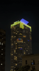Los Angeles building displays colorful nighttime illumination
