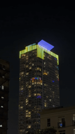 Los Angeles building displays colorful nighttime illumination