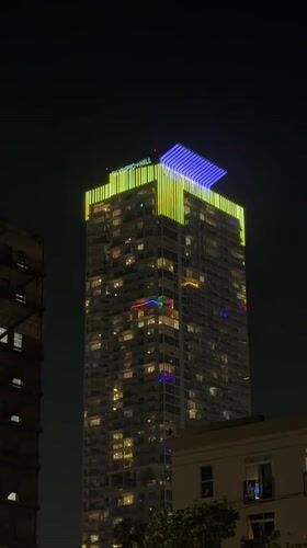 Los Angeles building displays colorful nighttime illumination
