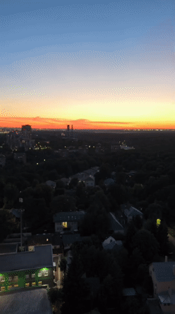 Drone footage catches a vivid sunset over Khimki, Russia