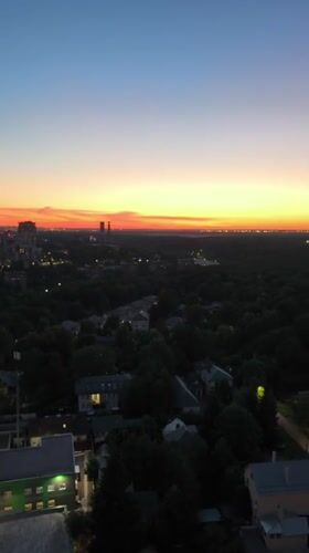 Drone footage catches a vivid sunset over Khimki, Russia