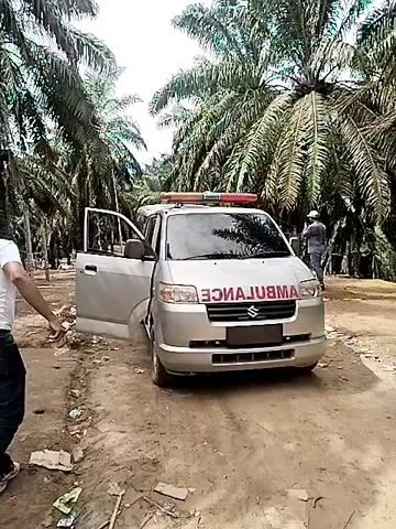 A silver Suzuki ambulance is parked on a dirt road. The driver's side door is open. A man in a white t-shirt and dark pants walks toward the vehicle. Two other men are visible behind the ambulance. The environment appears to be a palm oil plantation. The word "AMBULANCE" is reversed on the front of the vehicle.